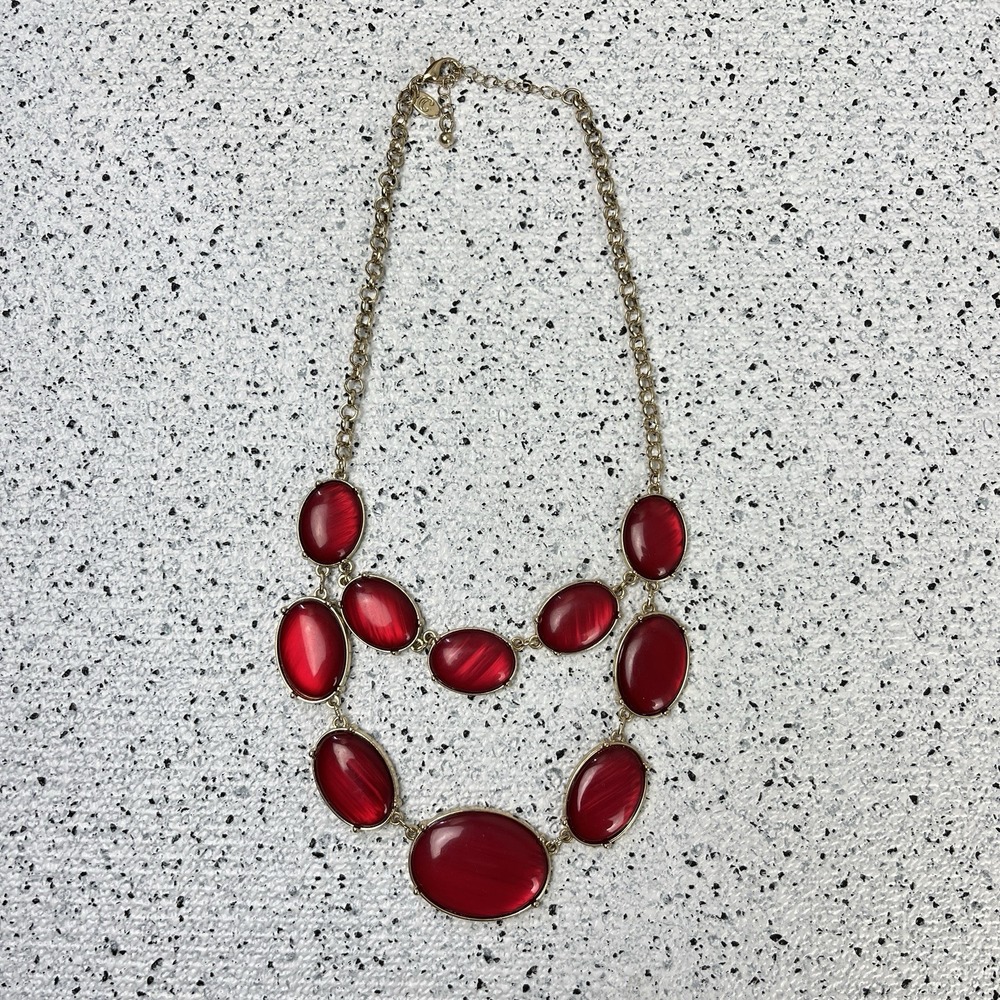 Charming Charlie Necklace Gold Tone Red‎ Acrylic Chunky Statement 19"